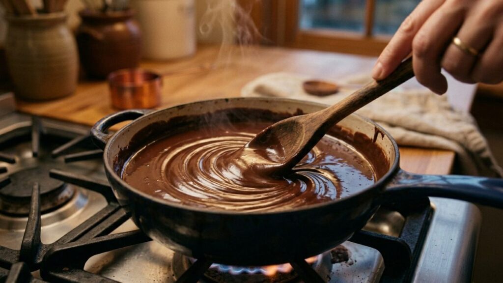 Organized baking ingredients for Australian mud cake arranged on a marble surface.