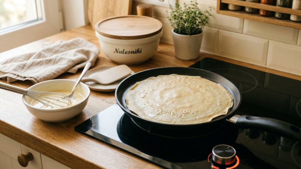 Different cookware for making nalesniki including skillet and griddle