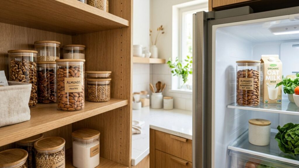 Almonds stored in airtight jars in pantry and fridge