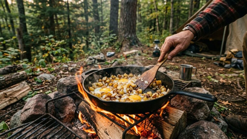 Cooking a breakfast skillet over a campfire