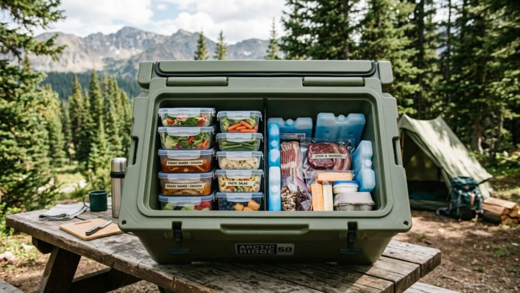 Camping cooler with stored food and containers