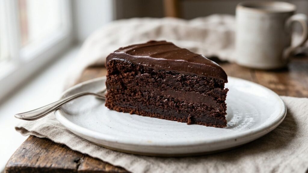 Close-up of a fudgy Australian mud cake slice showing dense chocolate texture.