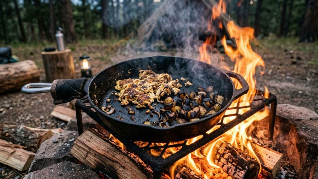 Overcooked campfire breakfast in skillet