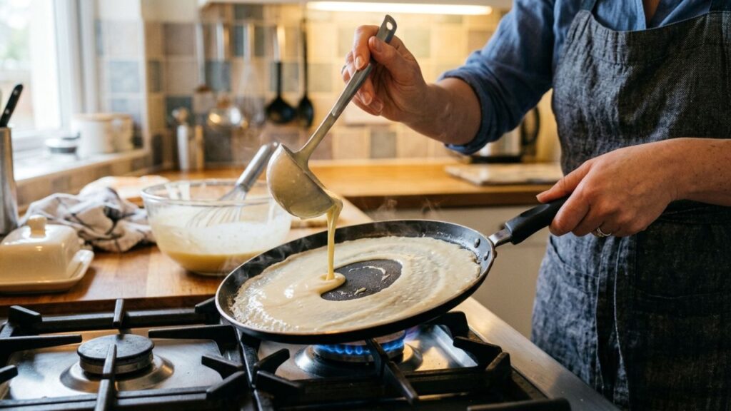 Pouring and swirling batter in pan for nalesniki