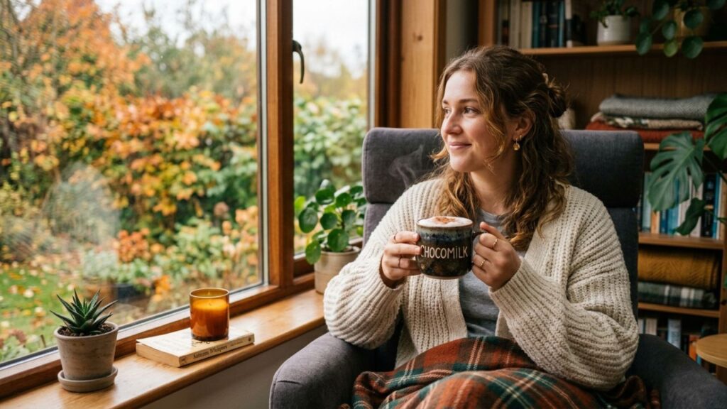 Person enjoying a warm cup of chocomilk by the window