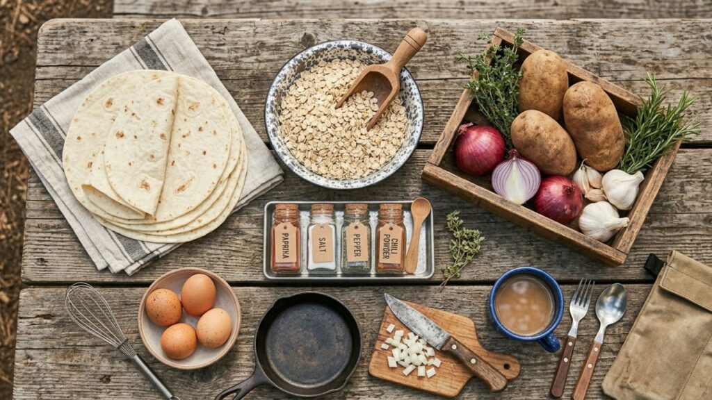 Campground breakfast ingredients flat lay on wooden table
