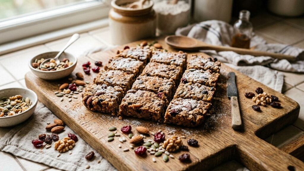 Homemade floura bars with oats, nuts, and dried fruits on wooden board