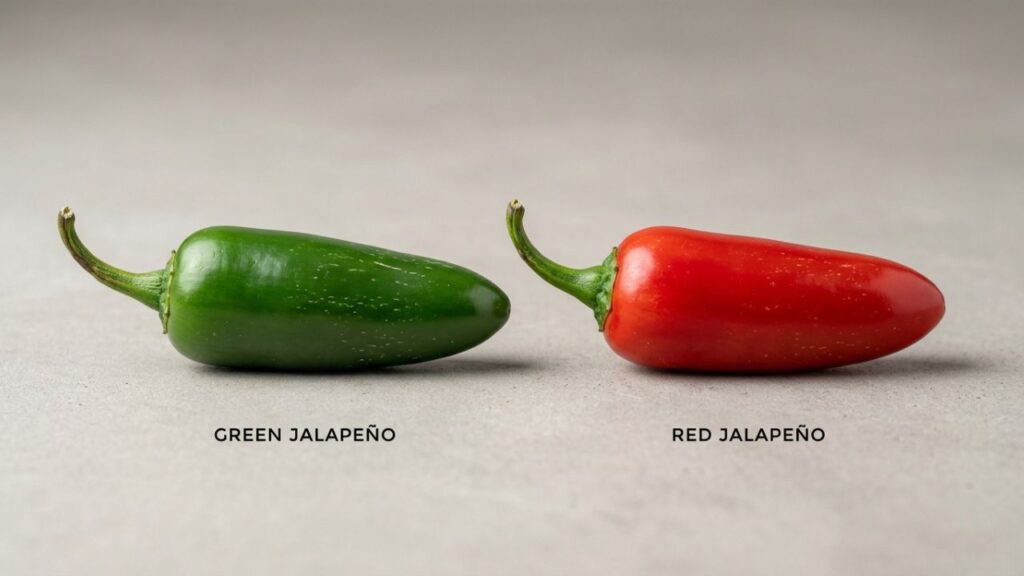 Green and red jalapeño peppers comparison