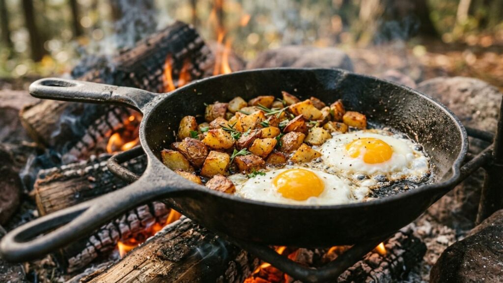 Skillet breakfast with crispy potatoes and eggs over campfire