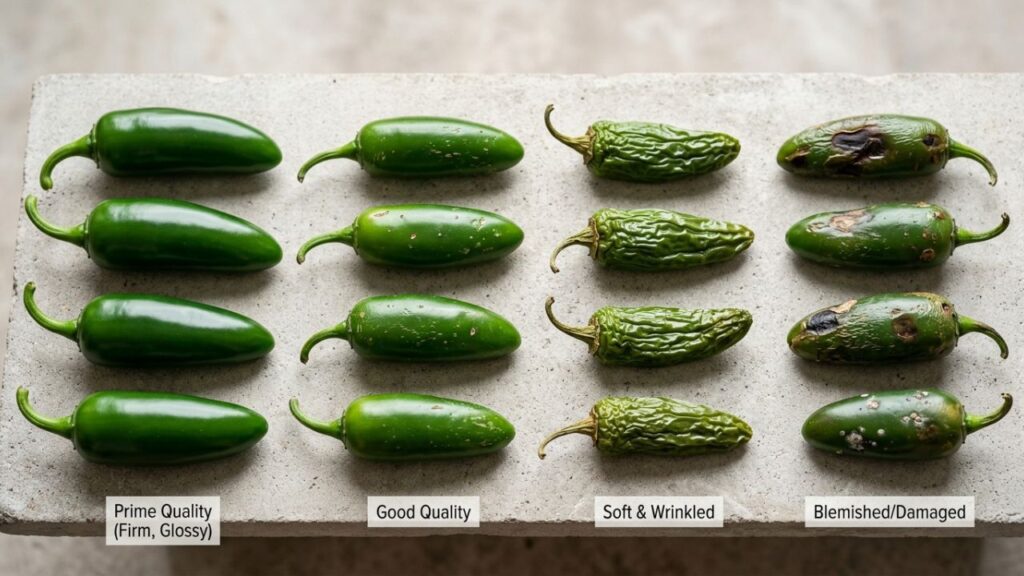 Selecting fresh glossy jalapeño peppers at market