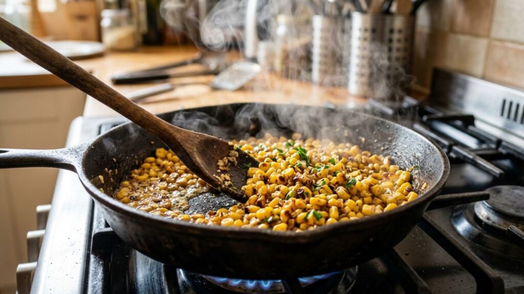 Corn cooking in skillet with butter