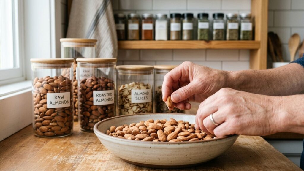 Selecting fresh almonds and storing in airtight jars