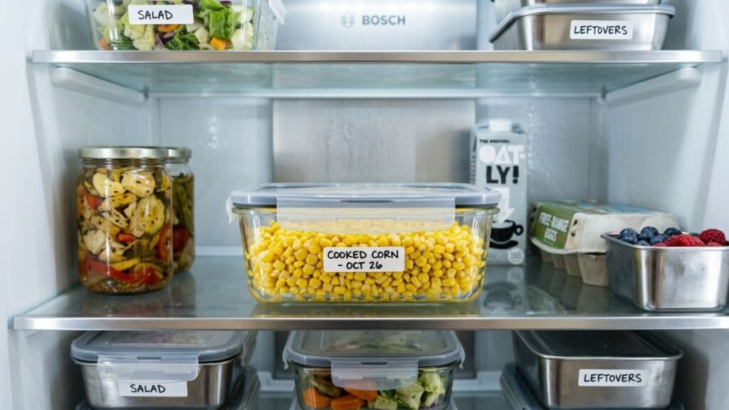 Stored sautéed corn in container