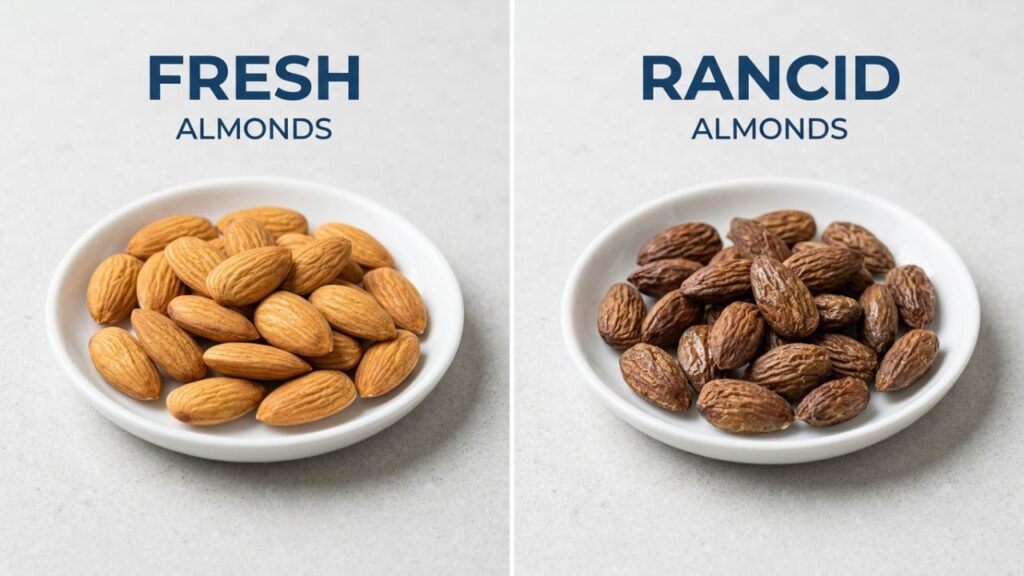 Fresh almonds vs rancid almonds visual comparison
