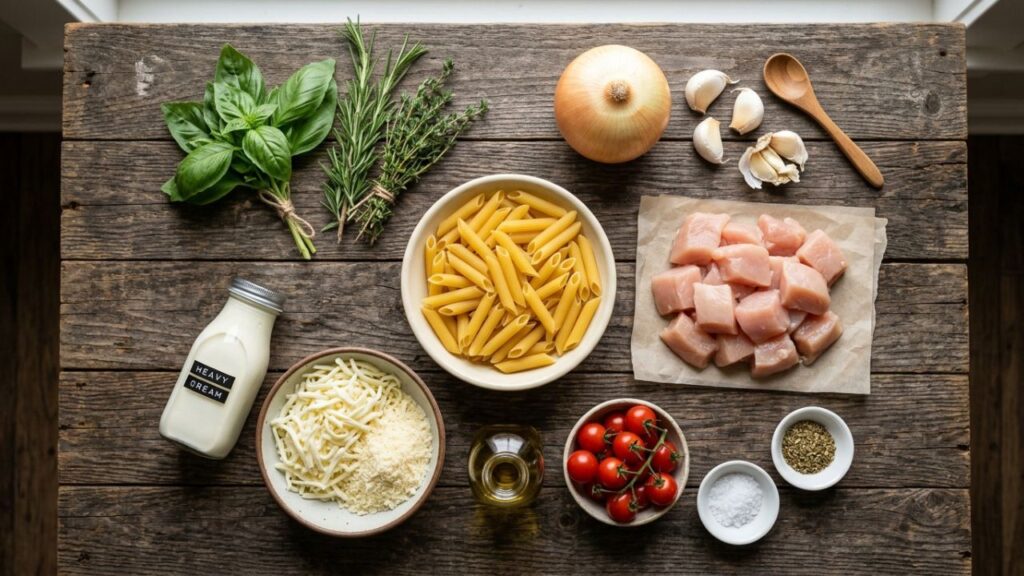 Raw chicken, pasta, cheese, garlic, and herbs prepared for baked chicken pasta recipe