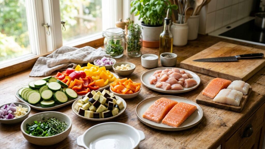 Fresh vegetables and proteins prepared for broiling