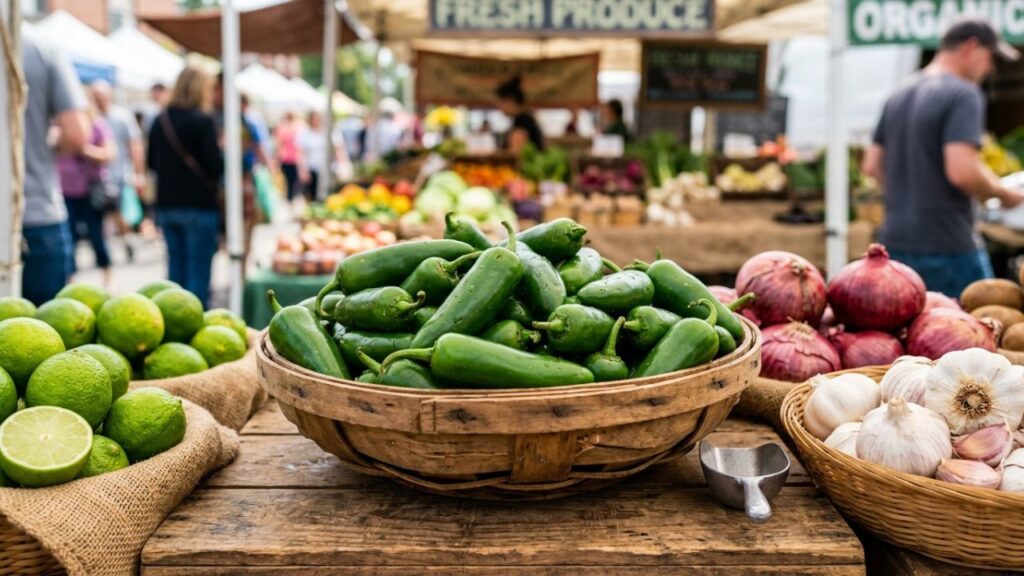 Fresh jalapeños with garlic, onions, lime, and olive oil on kitchen counter