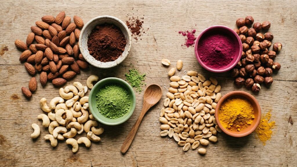 Roasted nuts and natural powders used for rainbow nut butter
