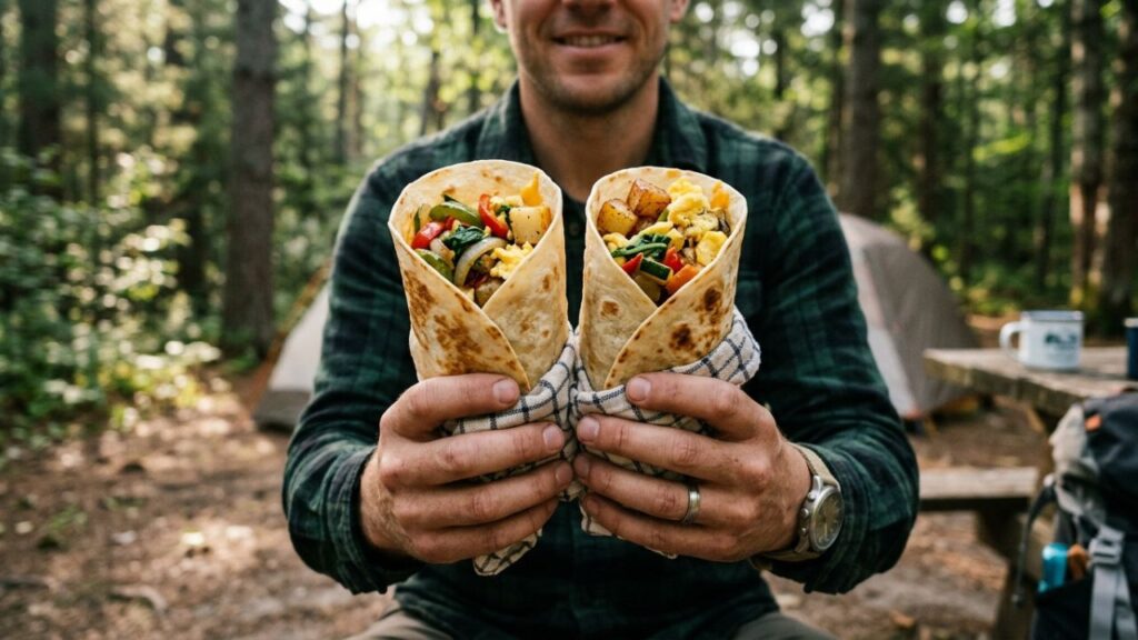 Camping breakfast wraps with eggs and vegetables