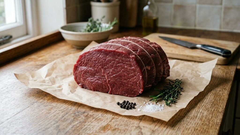 Raw rump roast cut showing lean texture and grain