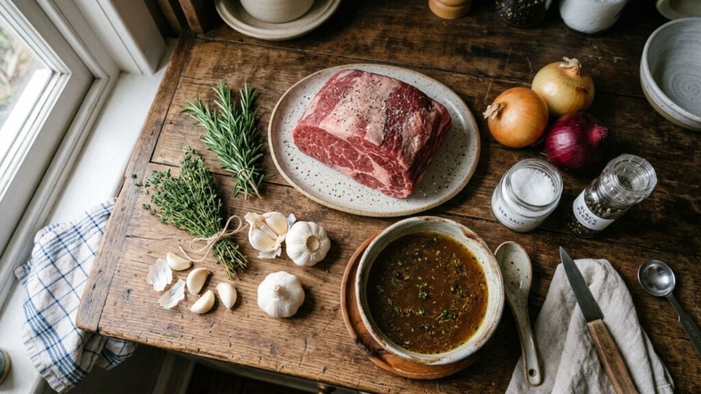 Sliced rump roast served with mashed potatoes and vegetables