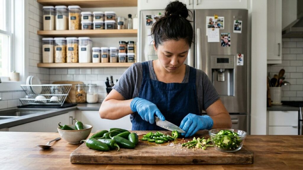 Safe handling of jalapeños using gloves in kitchen