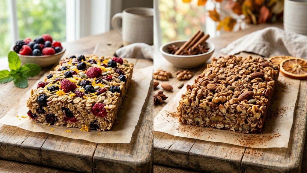 Different variations of floura bars with chocolate and seeds