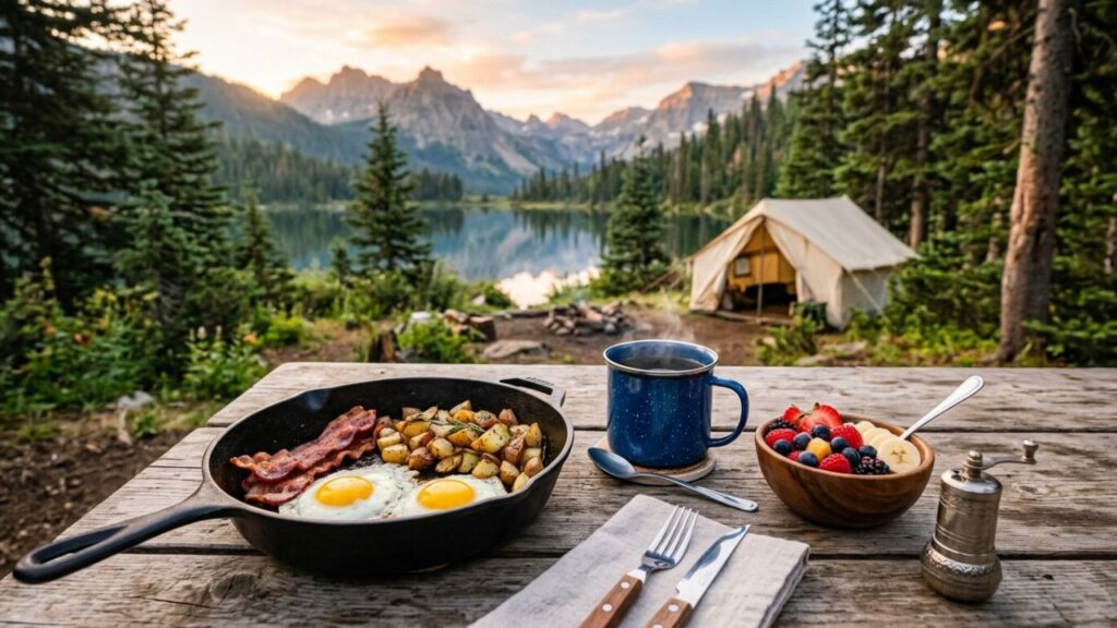 Camp breakfast served with fruit and coffee outdoors