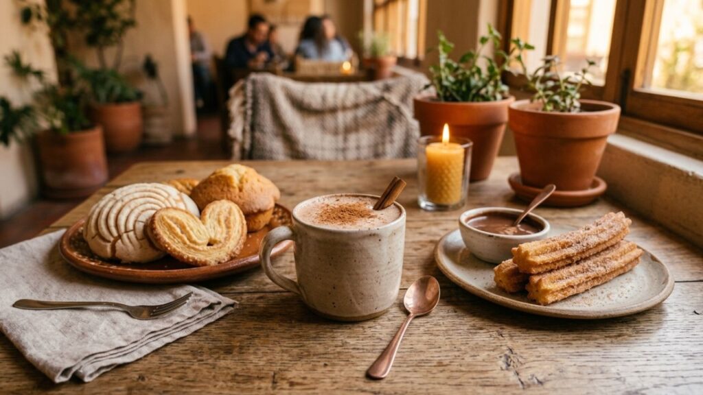 Chocomilk served with churros and sweet bread