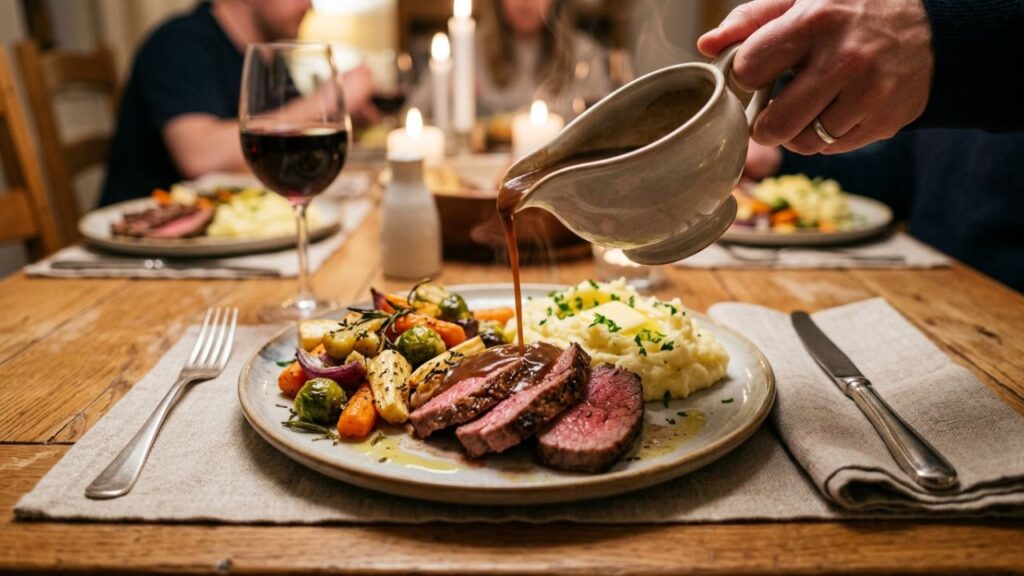 Sliced rump roast served with mashed potatoes and vegetables