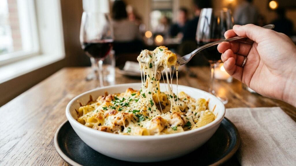 Creamy baked chicken pasta served in bowl with parsley garnish