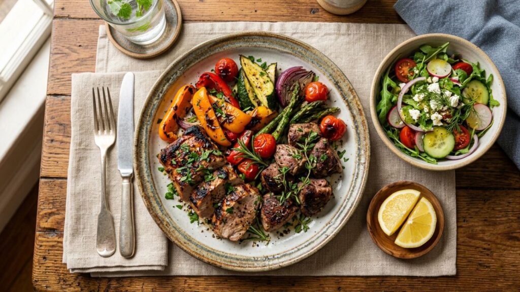 Broiled meal plated with fresh salad and herbs