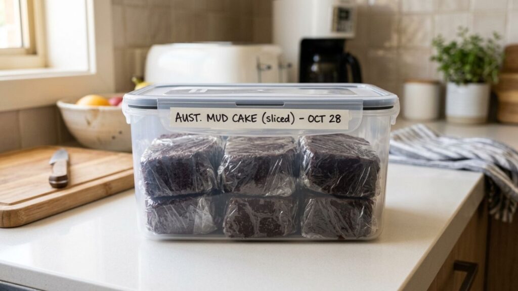Mud cake slices stored in an airtight container for freshness.