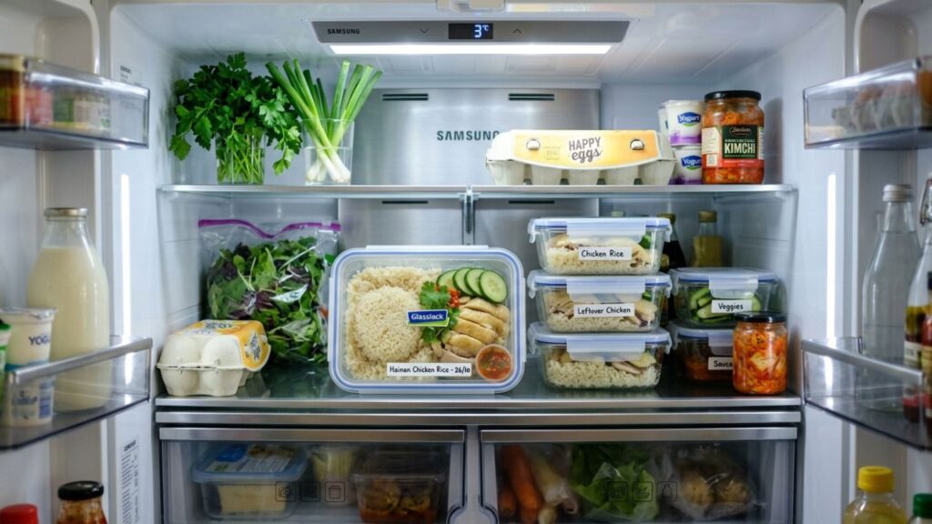 Chicken rice stored in containers