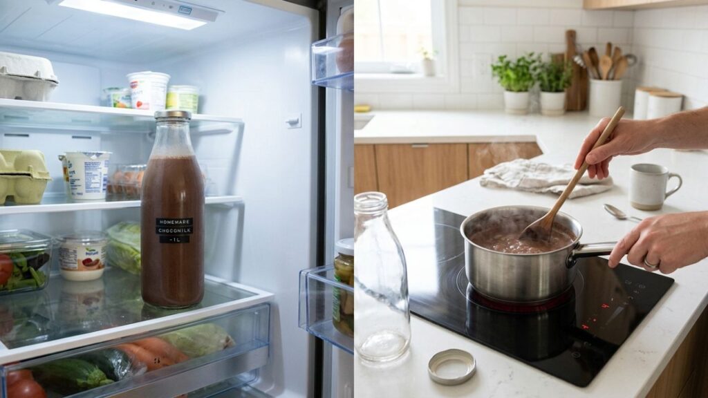 Stored chocomilk in container and reheating on stove