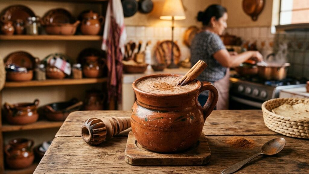 Traditional Mexican chocomilk served in a rustic mug with cinnamon