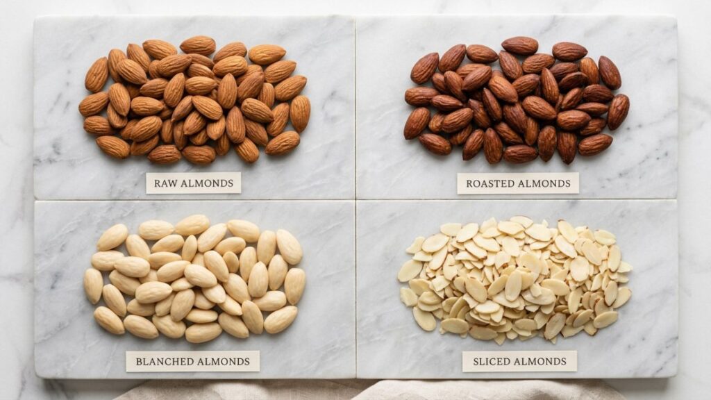 Raw roasted blanched and sliced almonds comparison