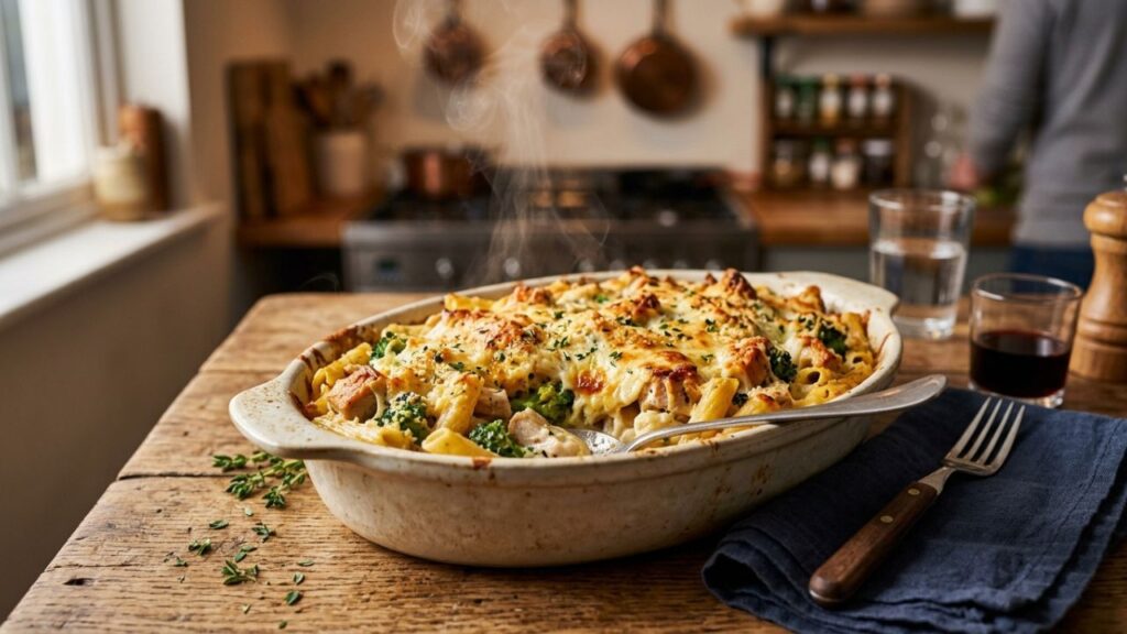 Baked chicken pasta with creamy cheese sauce and golden crust in baking dish