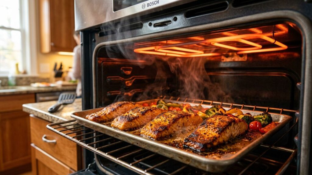 Oven broiler cooking food with intense top heat and golden browning