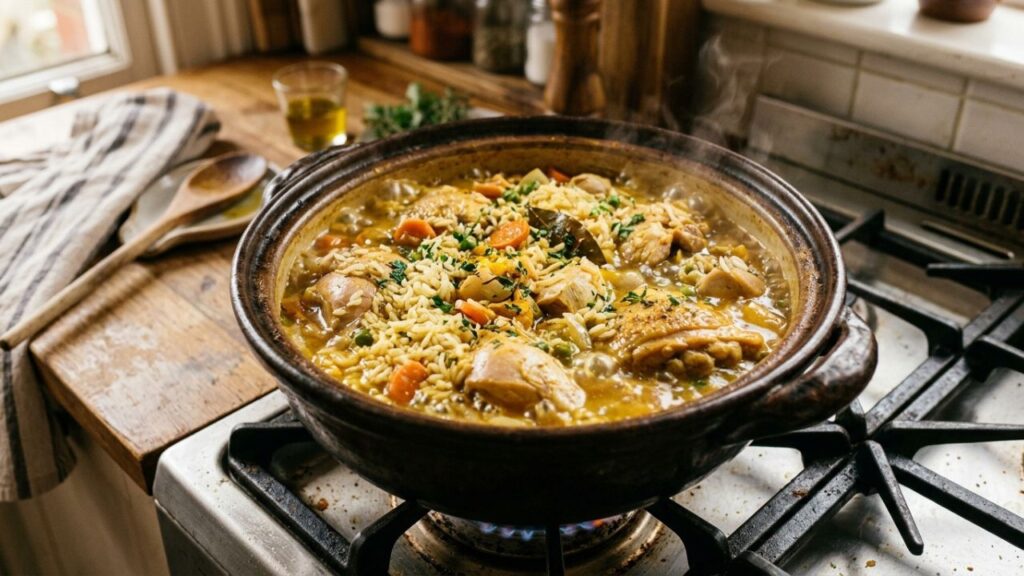 Chicken and rice cooking in broth