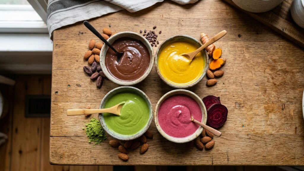 Portions of rainbow nut butter in separate bowls