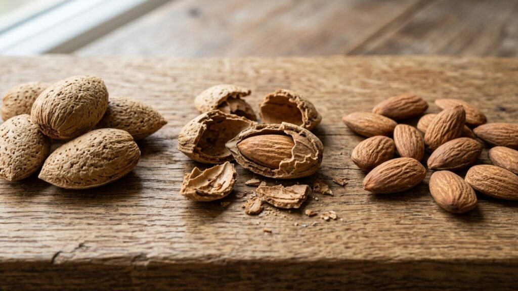 Almonds in shell and shelled showing edible seed