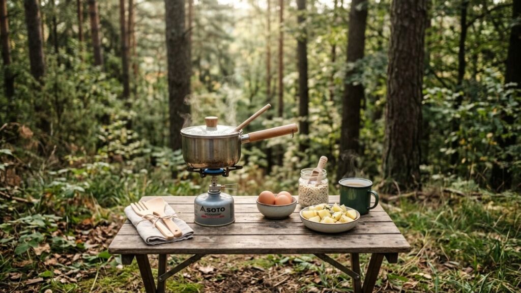 Basic campground breakfast ingredients and cooking setup outdoors